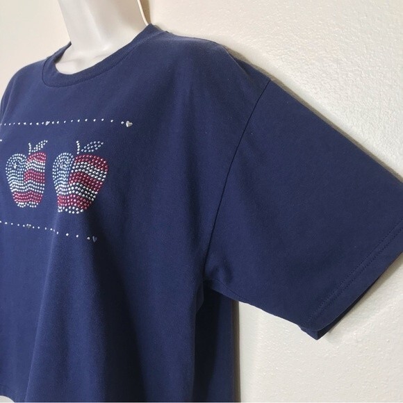 Vintage Jerzees Red Silver Blue Stud Apple Navy Cropped T Shirt Womens Size XL - Picture 3 of 14